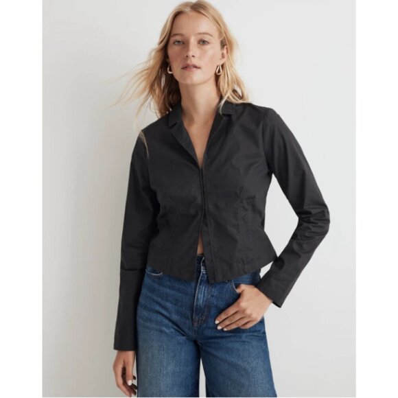 Madewell Poplin Hook-Front Closure Shrunken Shirt Black Coal Sz 2 NWT - Picture 2 of 10